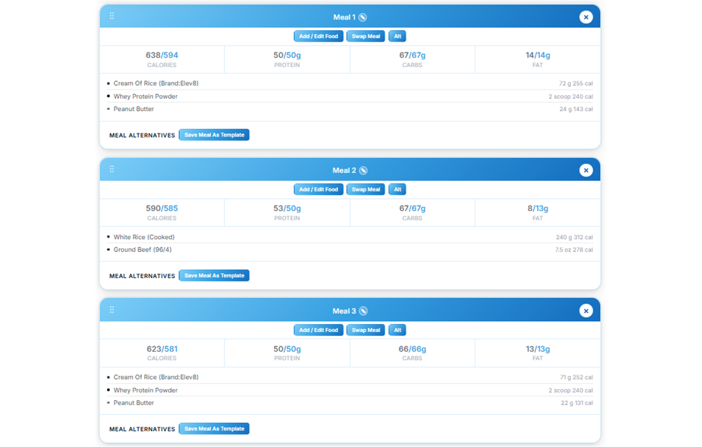 PrepCoach nutrition plan builder interface
