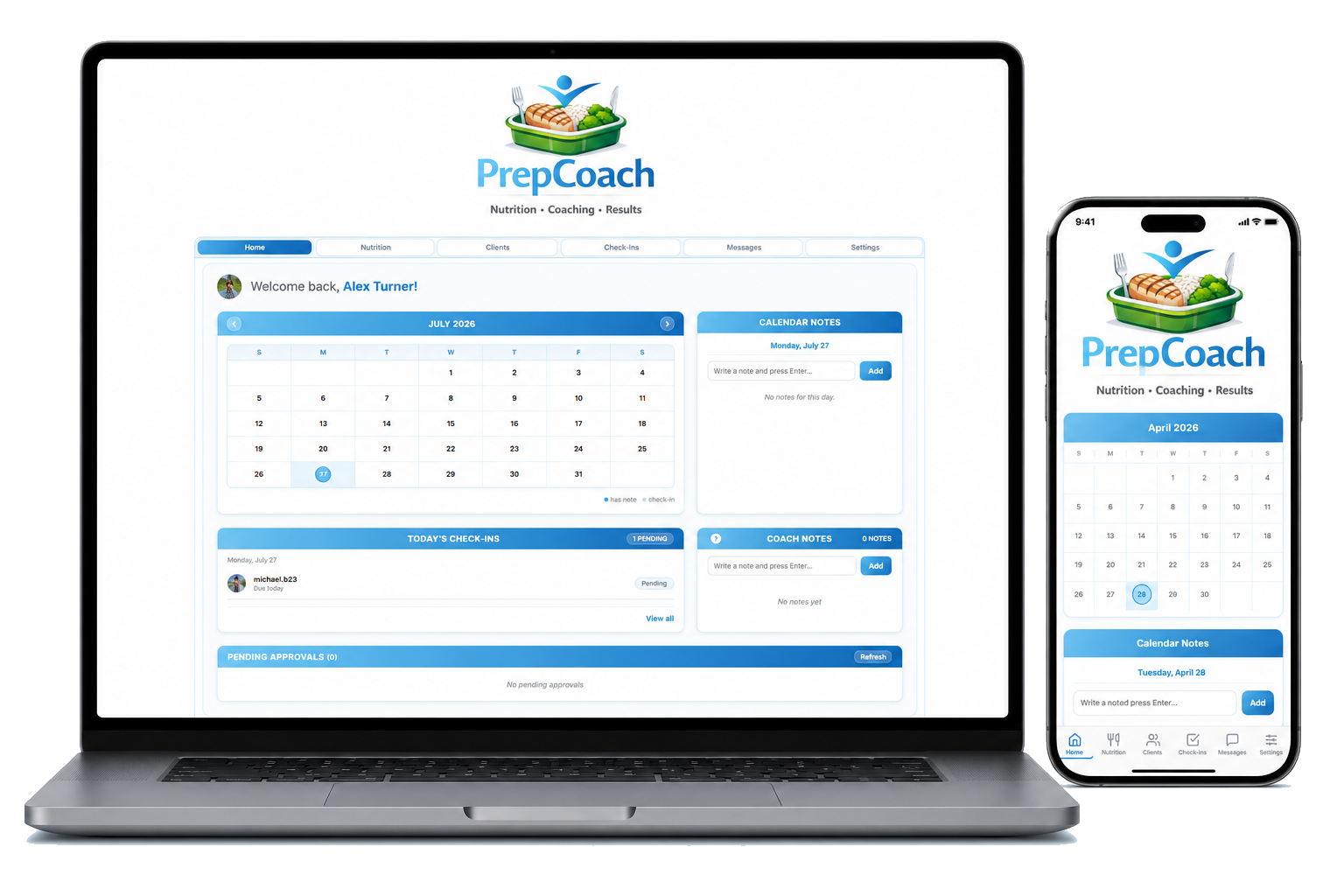 PrepCoach platform shown on a laptop and mobile phone side by side